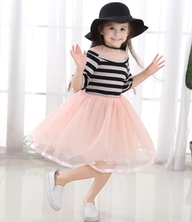2019 summer new ins girls children's fashion trend striped stitching mesh dress in the big girl princess | Детская одежда и