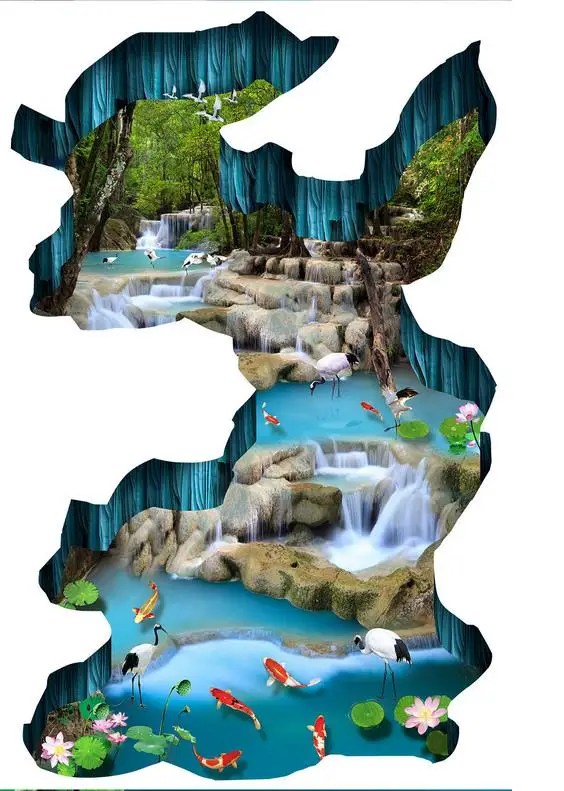 3d пол живопись обои водопад Лотос Карп 3D Пол ПВХ для ванных комнат|floor wallpaper|painting