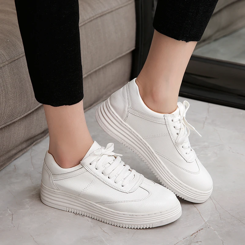 

JK 2018 New Casual Women Flats Genuine Leather Lace up Platform Shoes Woman Flat Sole White Shoe for Lady Flats