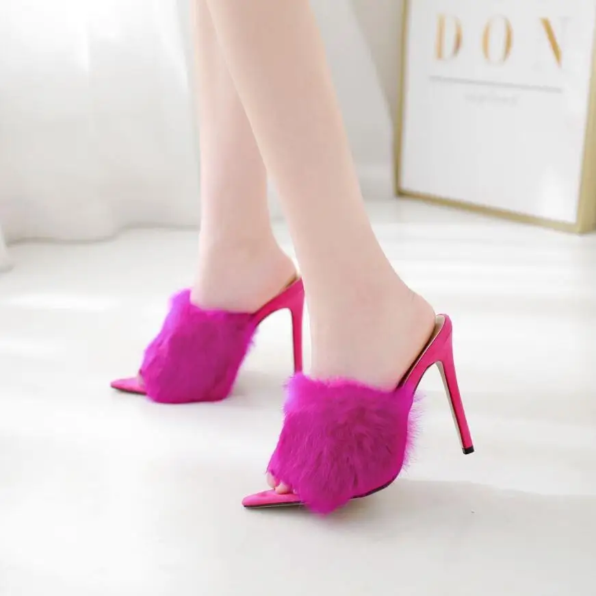Женская обувь на высоком каблуке с острым носком кроличьим мехом в западном