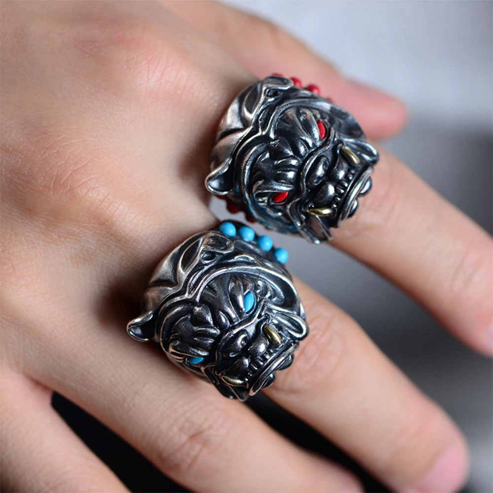 

MetJakt Vintage Thai Silver Bulldog Ring with Natural Turquoise Solid 925 Sterling Silver Open Ring for Men's Punk Jewelry