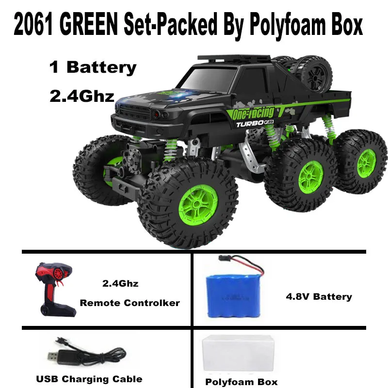 2061 green 1/16 RC Car 6WD drive remote climbing car Double Motors Drive Bigfoot Cars 2.4Ghz Electric RC Toys High Speed Off-Road Vehicle - Color: 2061 green