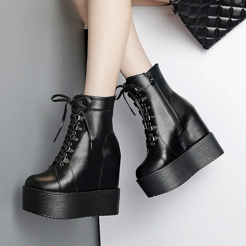Fashion Rivet Women Platform Boots Creepers Mid-calf Cute Lace Up Breathable High Heel Autumn 4057 | Обувь