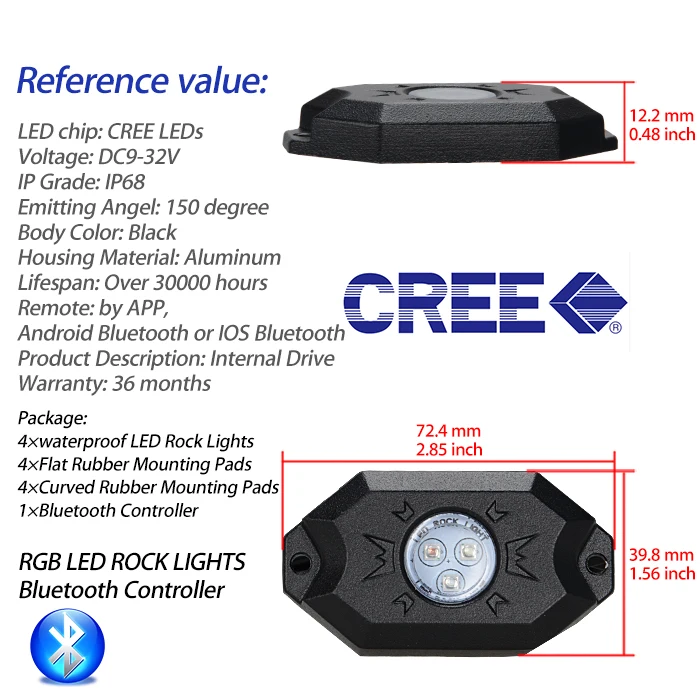 RACBOX 4 шт. набор RGB светодиодный свет рок с чипами Cree под автомобиль светодиодный свет Bluetooth для автомобиля внедорожный внедорожник 4WD ATV Лодка автомобиль
