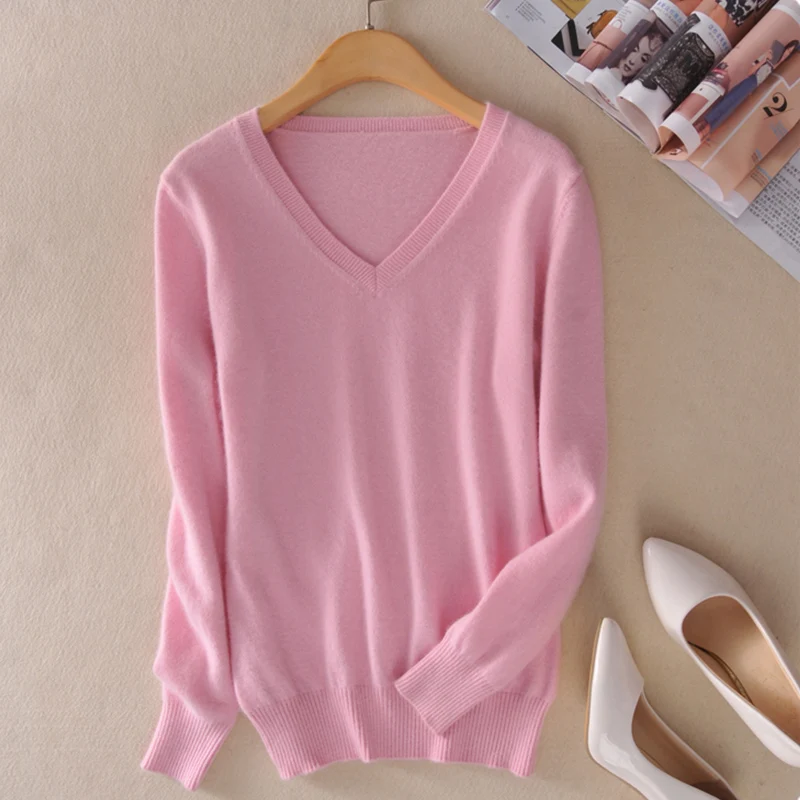 Женский свитер с V-образным вырезом свободный трикотажный пуловер большого