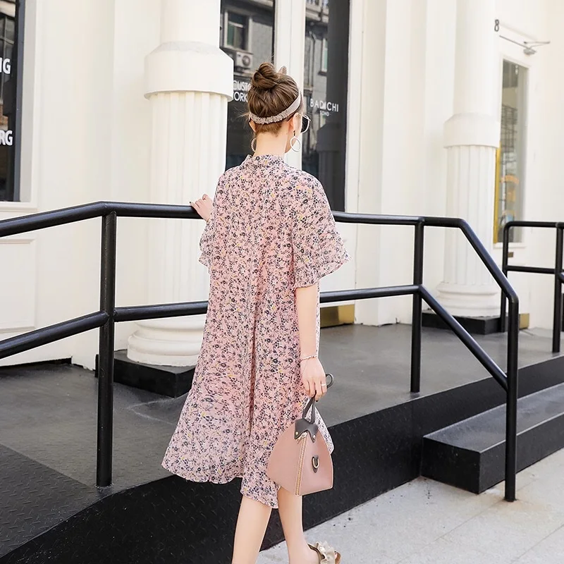 

Sweet Style Pregnant Half Sleeve Chiffon Pink Dot Maternity Cute Summer Dress Beach Vestido Largo Maternity Holiday Cothes