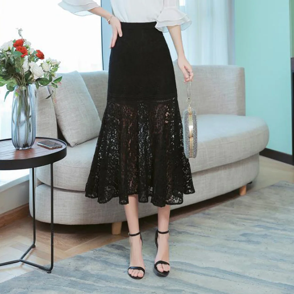 Черная кружевная юбка средней длины в пол винтажная Женская высокая талия линия