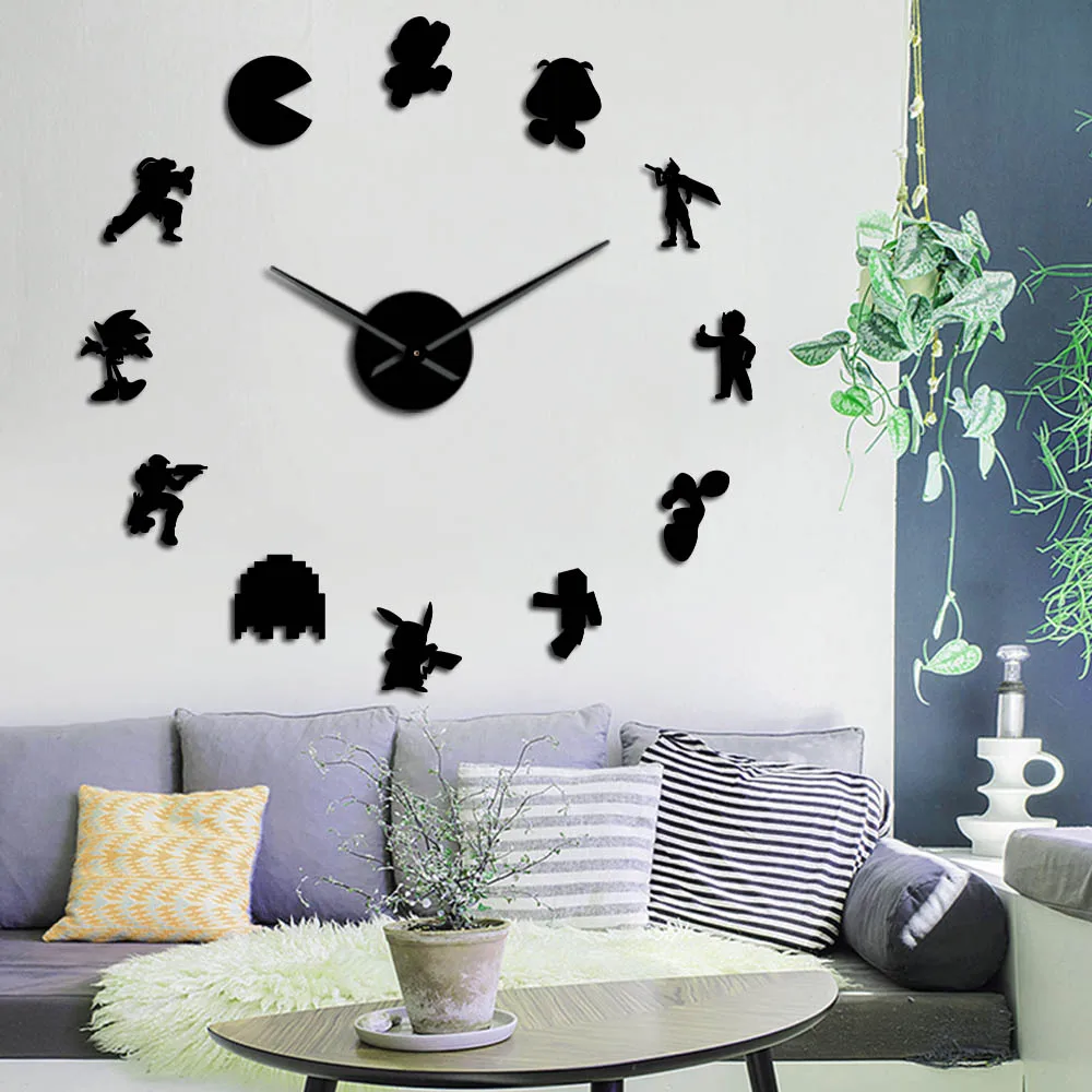 Ретро персонажи видеоигр DIY Декор стен наклейки большие настенные часы Geeky Nerdy