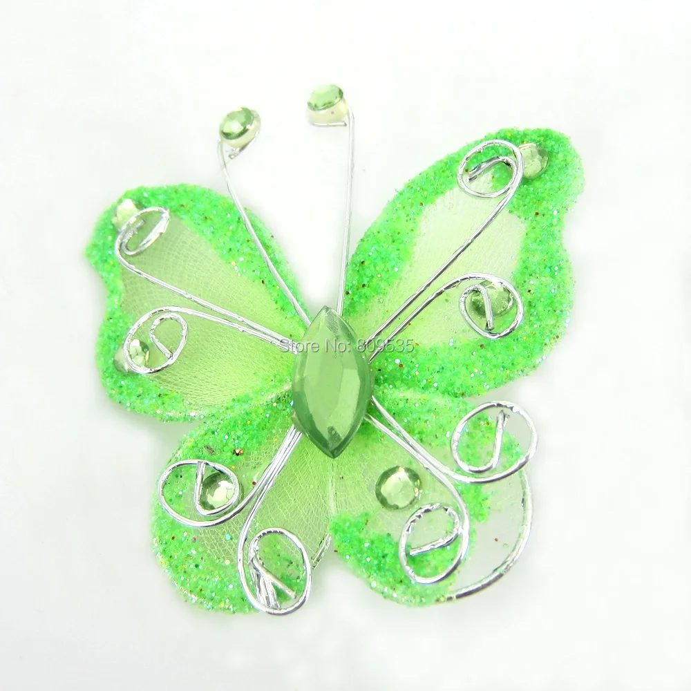 10 шт. 2 дюйма зеленые бабочки из нейлоновой органзы в сеточку и стразы блестящие