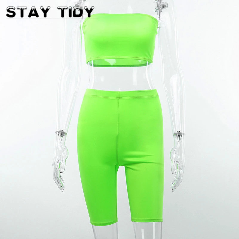 STAY TIDY Sexy Solid Strapless Tube Top And High Waist Shorts 2 Piece Set Summer Women Fashion Sporting Workout Stretchy Suit | Женская