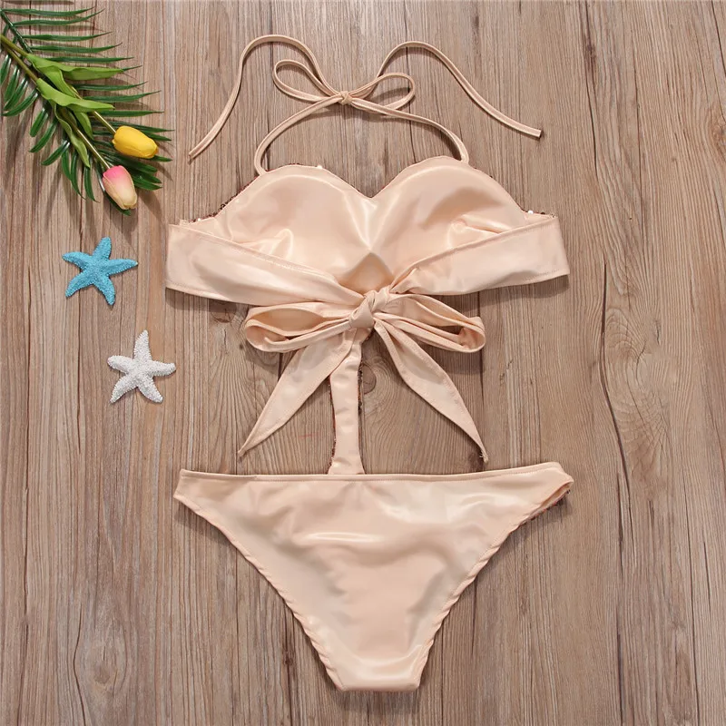 Новый женский сексуальный пуш-ап бикини Бандаж с блестками Цельный купальник