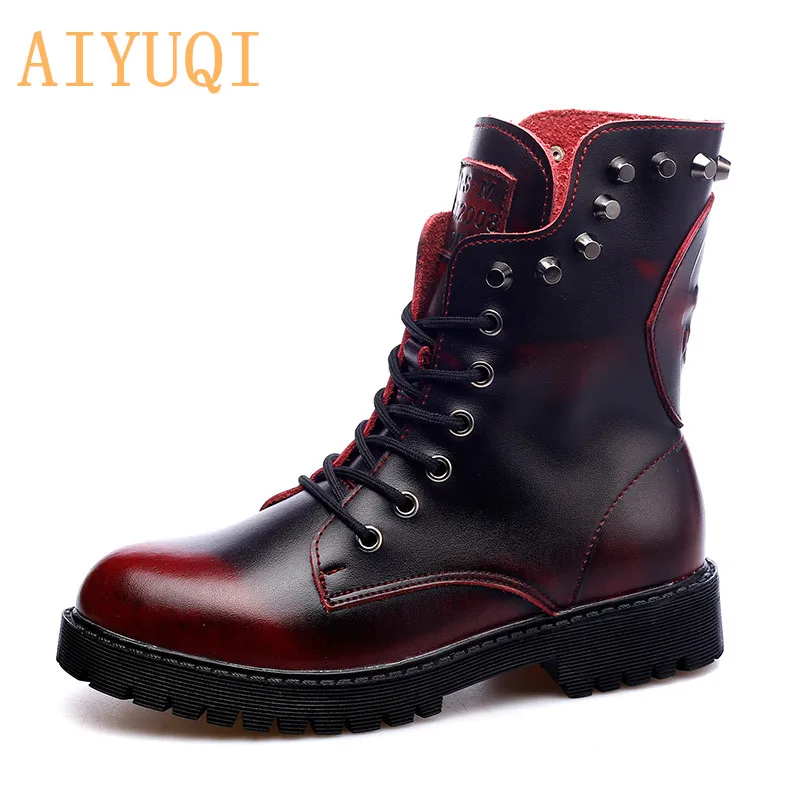 red AIYUQI ботинки; Новинка года; женские Ботинки martin; тонкие ботинки из натуральной кожи; женские ботильоны для верховой езды с заклепками; Цвет Черный - Цвет: red