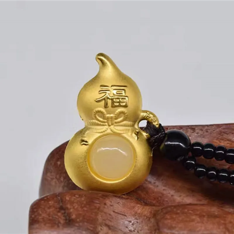 

Pure 24K Yellow Gold 100% Natural /Jadeite Gourd FU Pendant