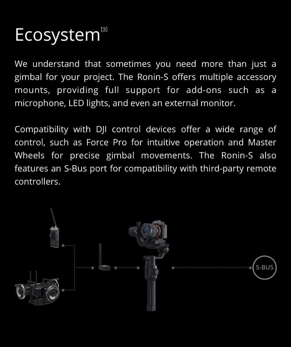 DJI Ronin-S; Наивысшее 3-осевая стабилизация, 3,6 кг тестирование нагрузки Ёмкость, Макс Срок службы батареи 12hrs Ronin S абсолютно