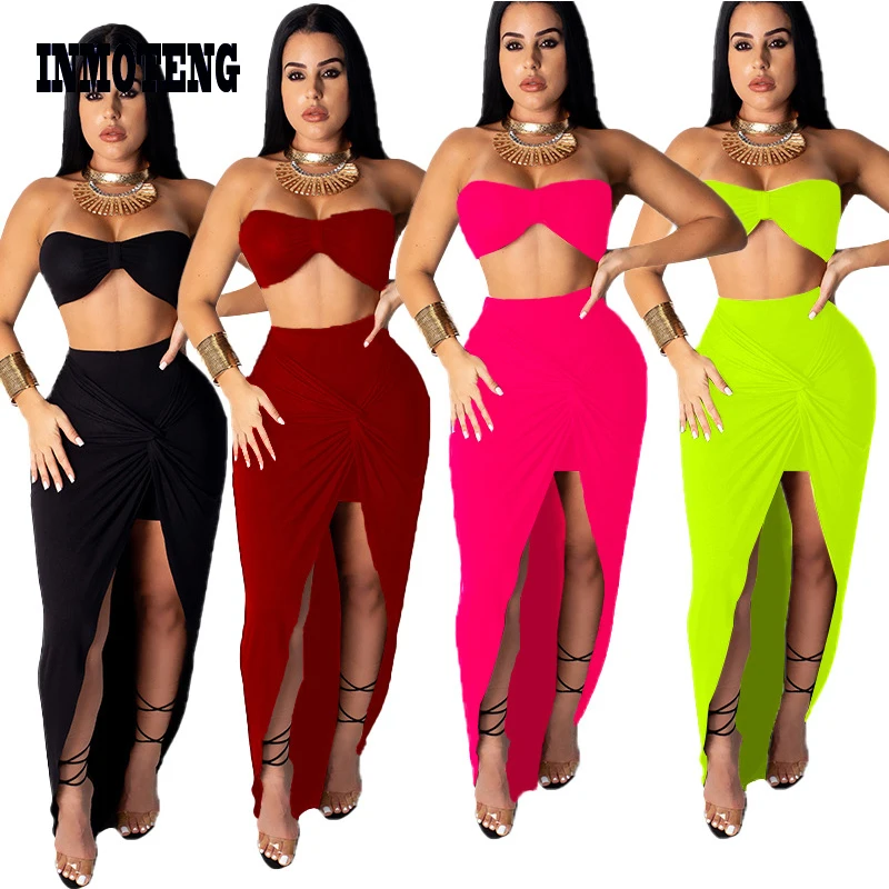 INMOTENG Women Beach Two Piece Set Midi Skirt Strapless Crop Top High Side Split Tie Up Maxi Skirts Suit Plus Size XXL Tracksuit |