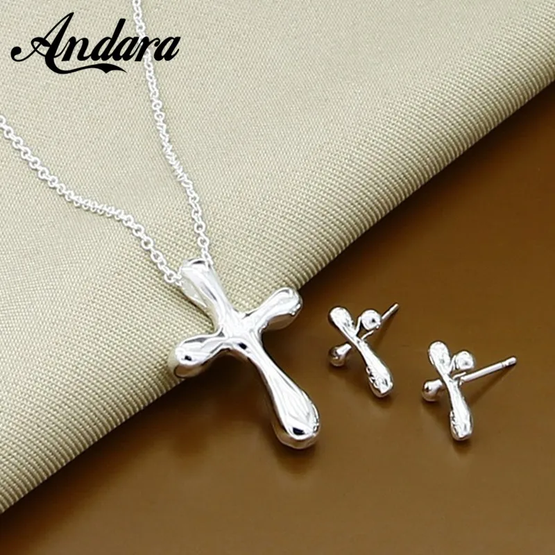 

Hot Selling 925 Sterling Silver Water Drop Cross Jewelry Sets Necklace Earrings For Women Christmas gift