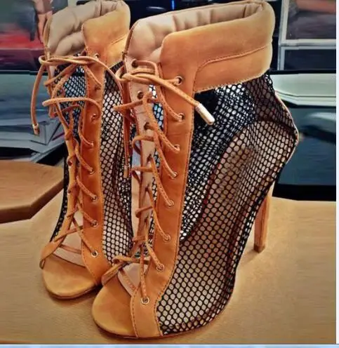 Beli Wanita Tinggi Tumit Sandal Cross-terikat Air Mesh Super Tinggi Tipis Heels Peep Toe Lace-up Warna Campuran Wanita Sepatu Kasual Perempuan Sepatu