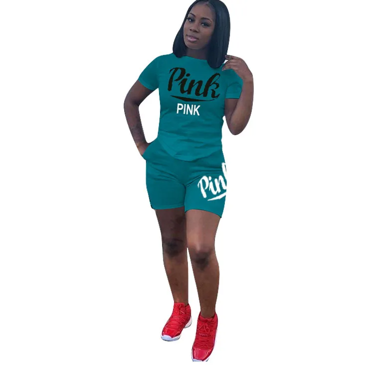 

Women Pink Outfit Printing Short Sleeve T-shirt Top And Shorts Two Piece Set Tracksuit Women Summer Pink Sweatsuit Plus Size