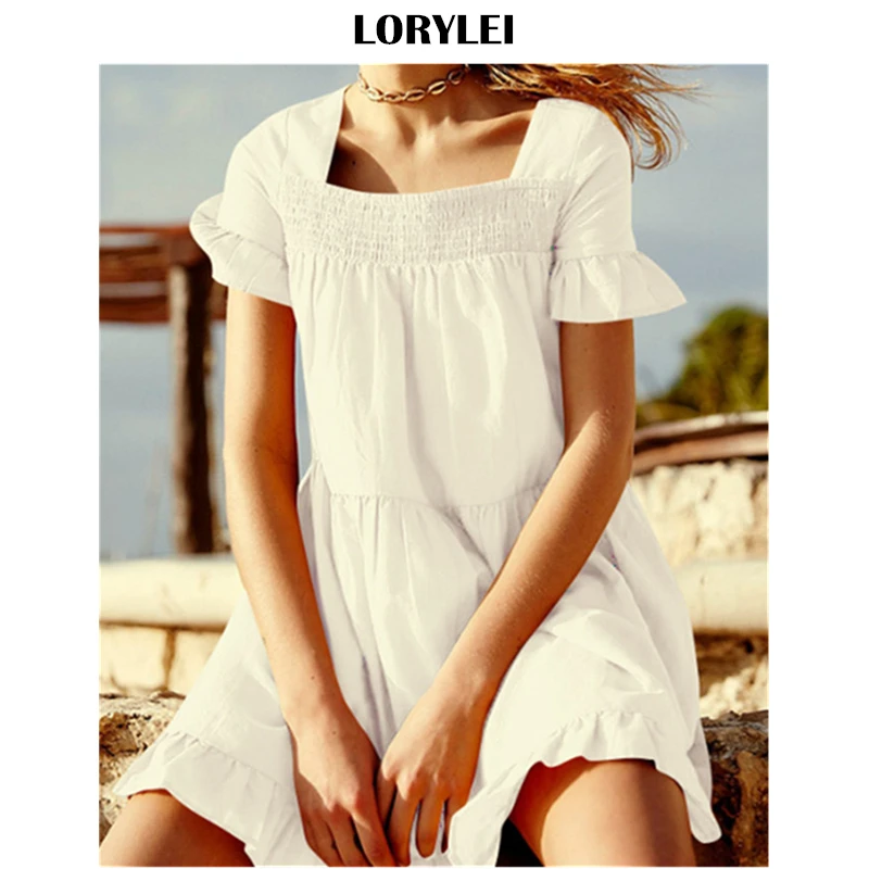 2019 Повседневное квадратный вырез короткий рукав летнее пляжное платье белая