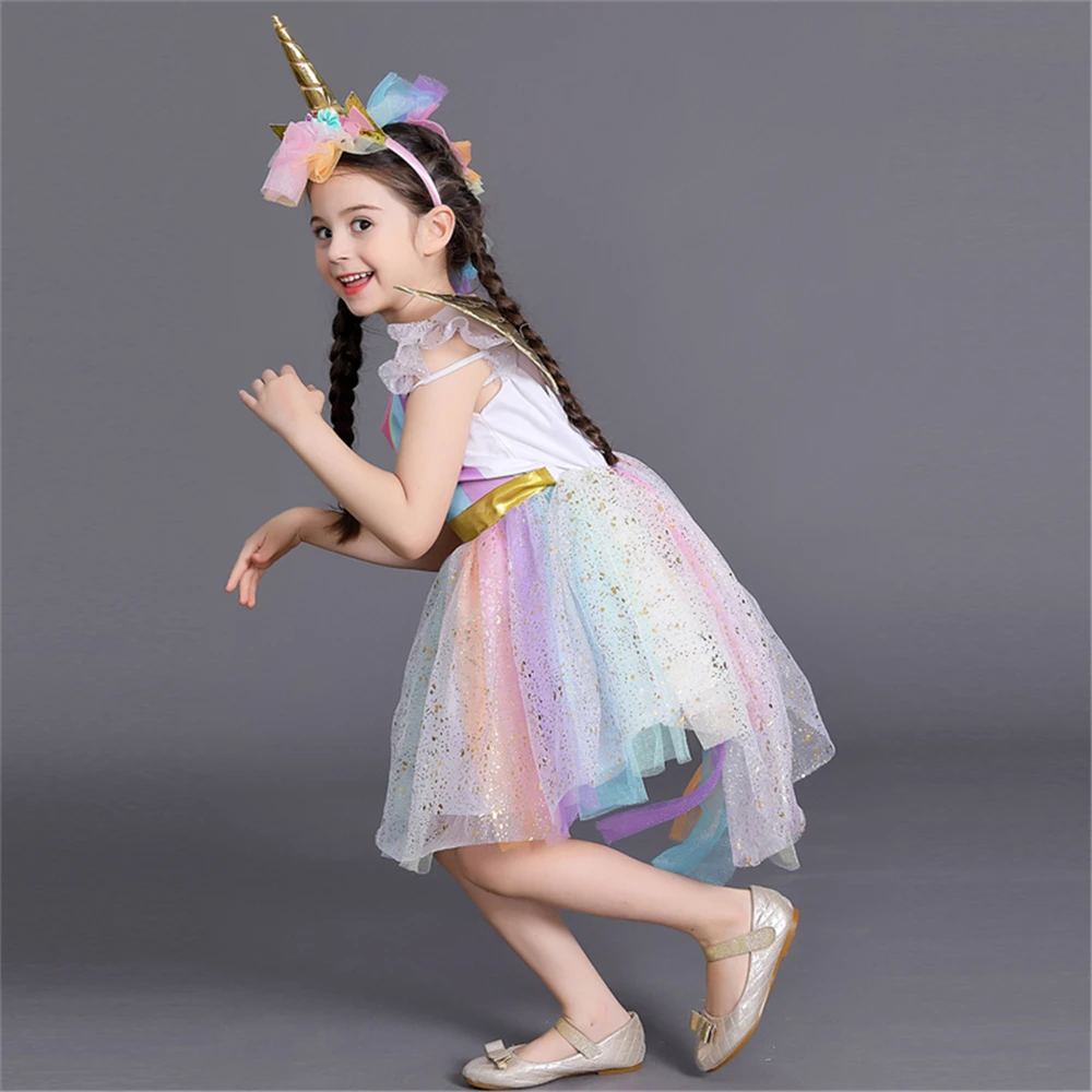 

Girl Unicorn Dress Up Kids Flying Sleeve Rainbow Party Dancing Tutu Dress Wing Children Christmas Pageant Tulle Cosplay Costume