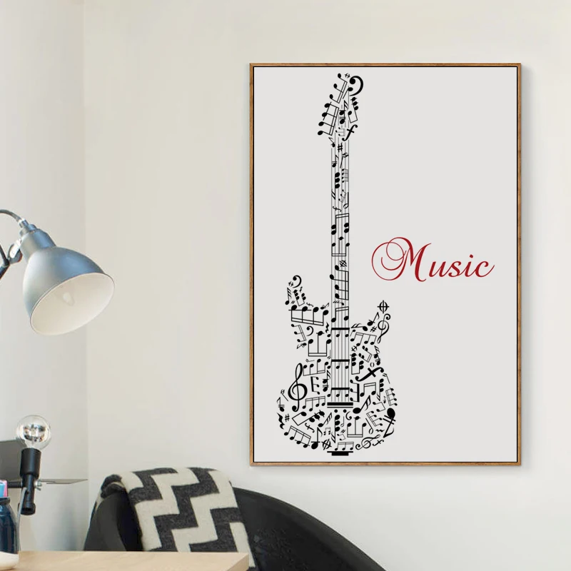 Черно-белый музыкальный символ FGHGF абстрактная гитара A4 холст живопись
