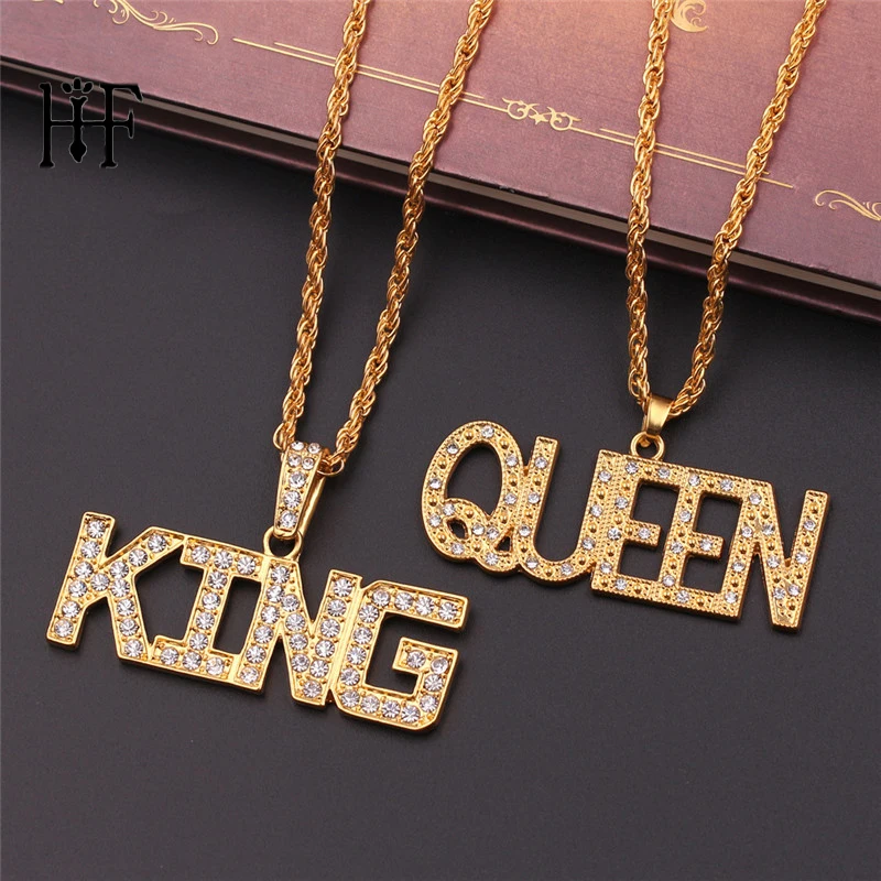 Men Hip Hop Full Rhinestone King Queen Pendants Necklaces Bling Bling Iced Out Cuban Link Chain Hiphop Necklace Men Jewelry Gift