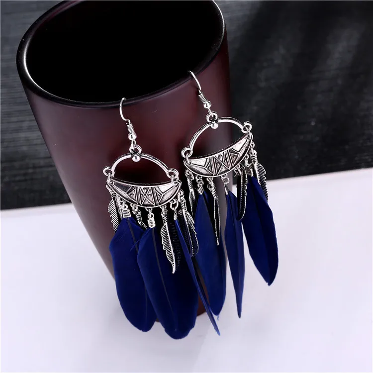 Модные богемные ретро длинные серьги с перьями для женщин девушек темперамент