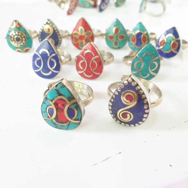 

Mix Wholesale 50PCS Nepal Vintage Cute Rings for Girl Metal Copper Inlay Colorful Stone Lovely Rings