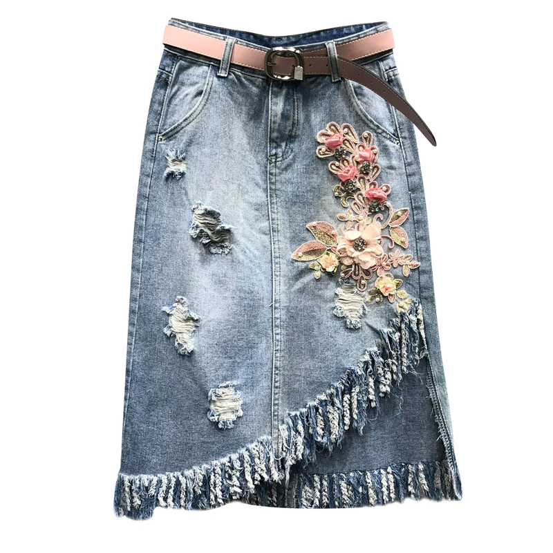 Женская джинсовая юбка с высокой талией асимметричная облегающая вышивкой и