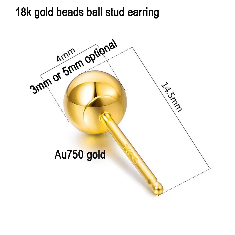 Trendy 18k Au750 gold bead ball stud earrings fine jewelry for ladies Women Mum girls 3-5mm optional wedding party birthday gift | Украшения