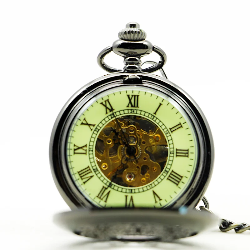 Black Mesh Relief Skeleton Mechanical Pocket Watch Retro Steampunk Gentleman Style Men's and Women's Necklaces Pendant Clock