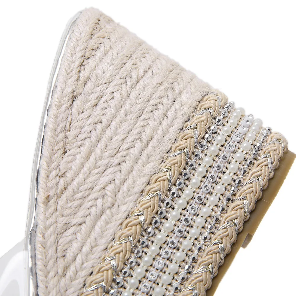 AIYKAZYSDL Для женщин Кристалл Прозрачный Сандалии Слайды Шлёпанцы летние туфли с открытым носком со стразами Клин Высокая платформа тростника туфли из соломки