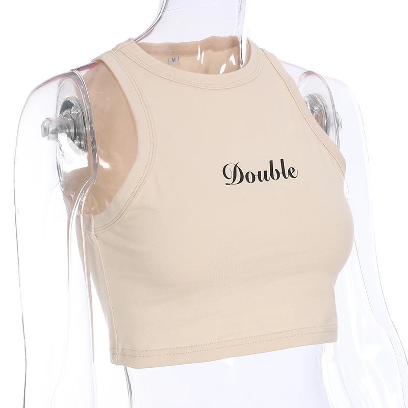 Топ женский трикотажный без рукавов с круглым вырезом и надписью | Женская одежда