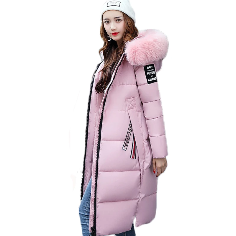 Pink Новинка, зимнее пальто для женщин, теплые толстые парки размера плюс, модная длинная куртка с большим мехом, Женская Осенняя ветровка с капюшоном LS063 - Цвет: Pink