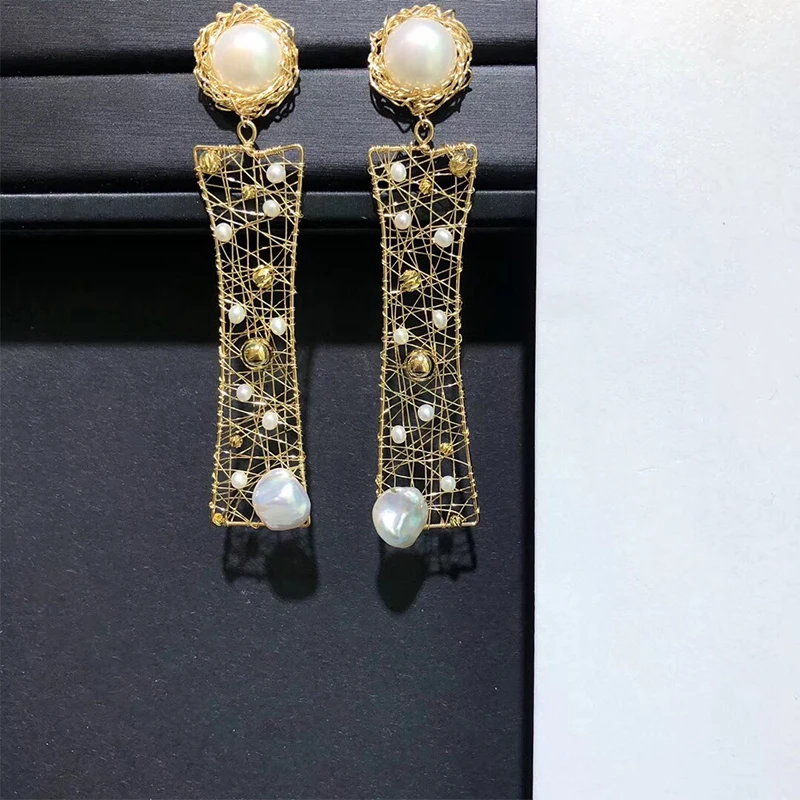 

ANI 14K Roll Gold Women Earrings Freshwater White Pearl Drop Earring Roll Gold Dangle boucle d oreille Handmade Jewelry Custom