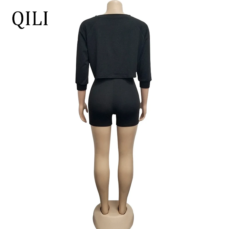 QILI Women Long Sleeve Set Summer Clothes Rompers Black Yellow Gray Crop Top+Shorts Bandage Biker Outfits For Womens | Женская одежда