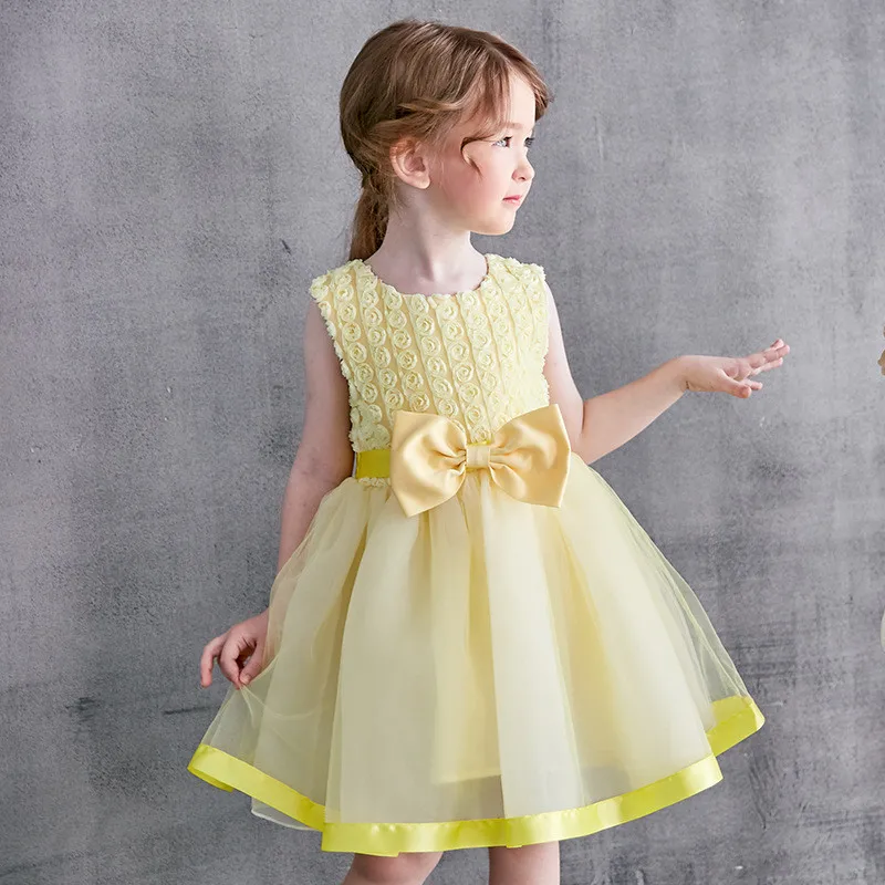 Pink Yellow Lace Mesh Flower Girl Dress KneeLength Round Collar with Rcued Bow Summer Clothes for 2 to 6 Years Children | Детская одежда