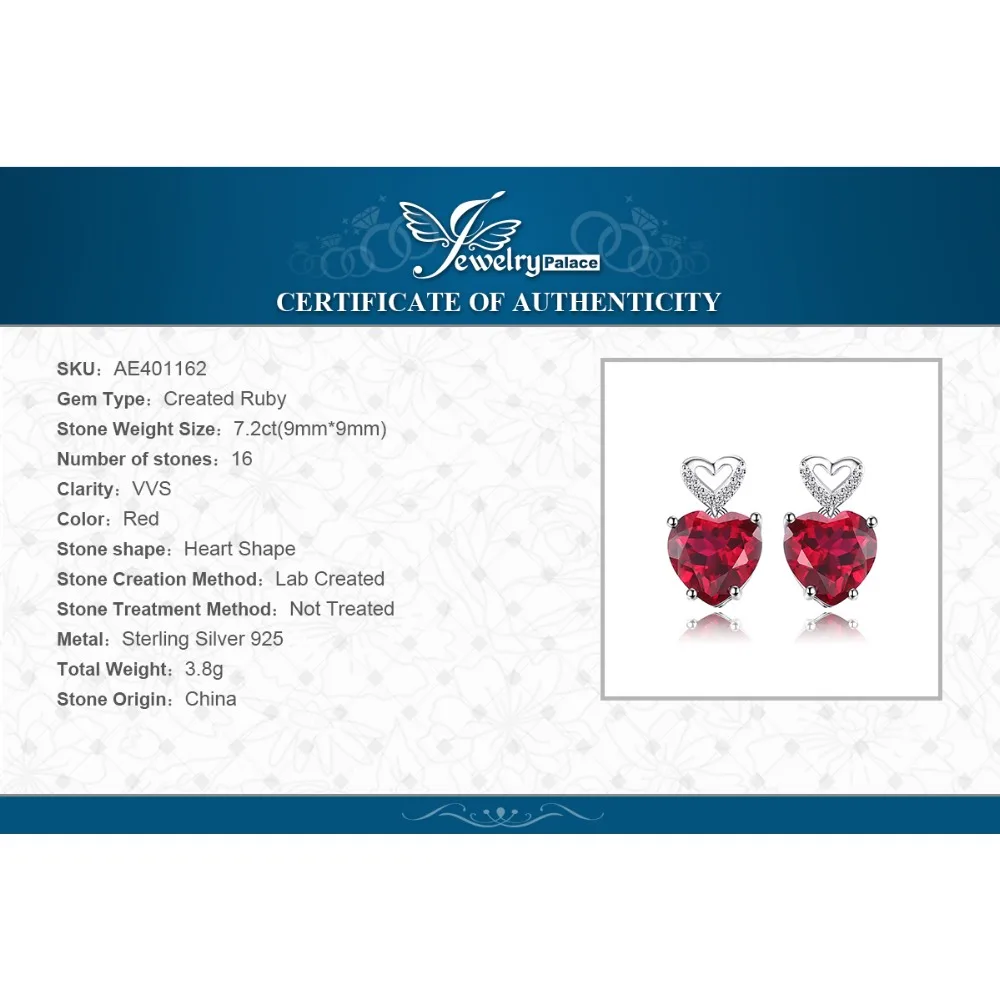 JewelryPalace сердце любовь 7.2ct создан Красные Рубины серьги 925 серебро best Свадебные