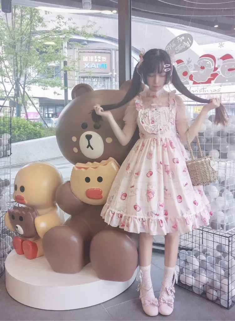 Kawaii японский стиль сарафан Лолита платье сладкая вишня десерт Лолита Повседневное платье без рукавов мягкое платье для девочек
