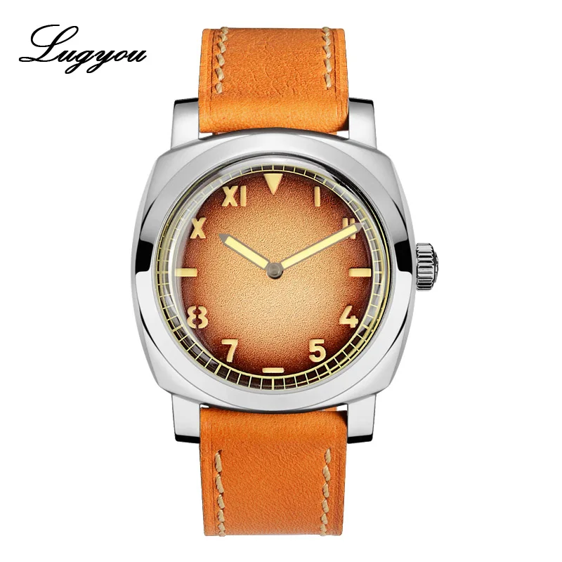 California Brown Lugyou San Martin, автоматические мужские часы, винтажные, из нержавеющей стали, в форме подушки, кожаный ремешок, 200 м, водонепроницаемые, минеральные пузыри - Цвет: California Brown