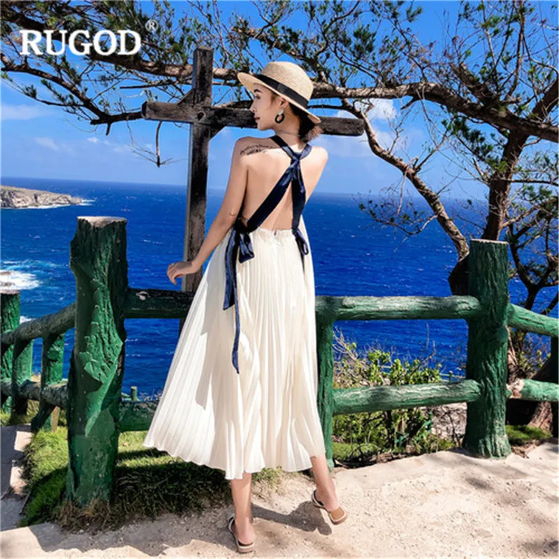 Женское плиссированное платье RUGOD белое повседневное пляжное средней длины с