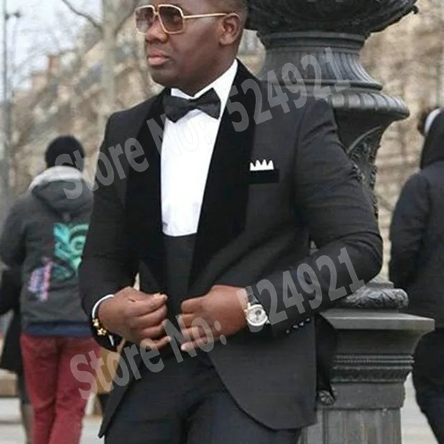 

Newest Groomsmen Black Groom Tuxedos Shawl Velvet Lapel Men Suits Wedding Best Man Blazer ( Jacket+Pants+Vest+Tie )C436