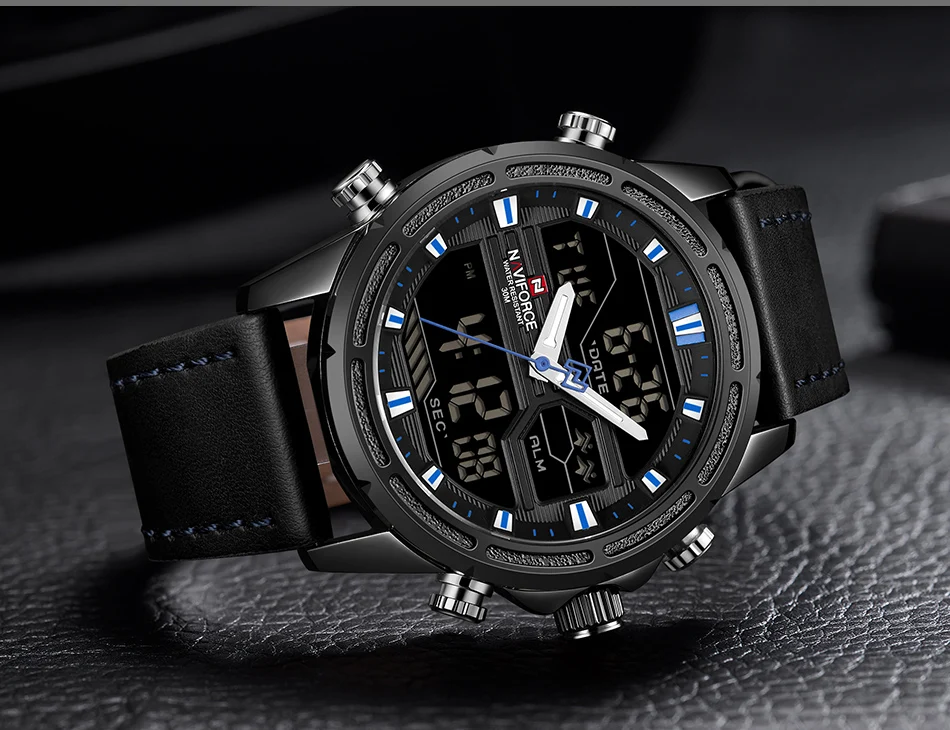 Топ люксовый бренд NAVIFORCE часы мужские модные спортивные часы Мужские Цифровые кварцевые часы кожаные военные водонепроницаемые наручные часы