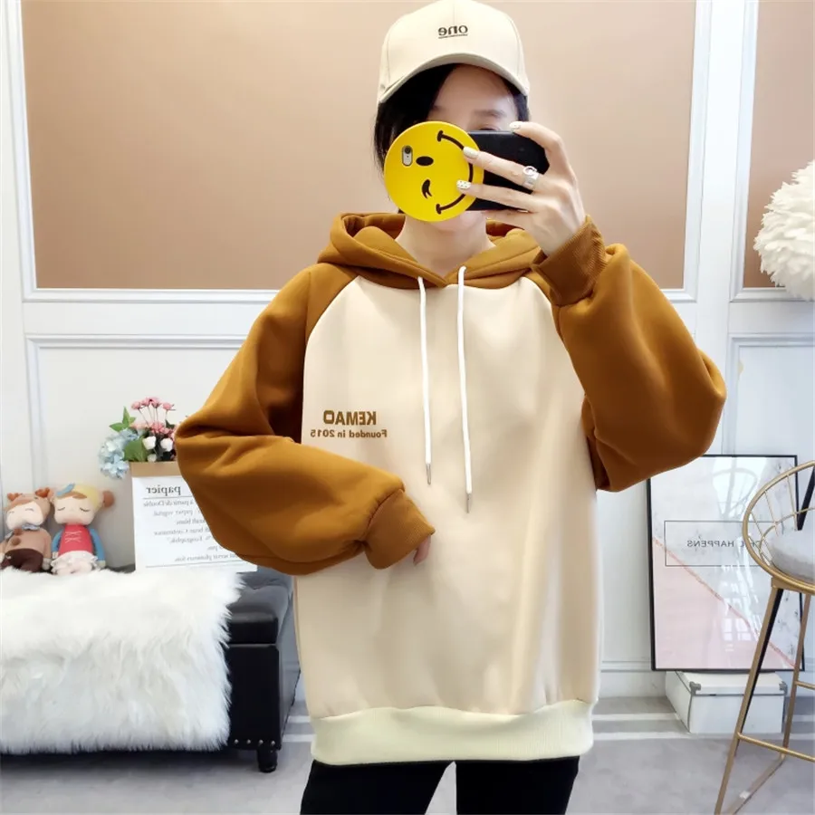 Spring new fashion street hooded women's large size plus velvet thick long loose versatile coat S-XXL | Женская одежда