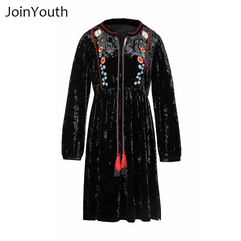 JoinYouth черное народное платье с длинными рукавами и вышивкой|Женские платья| |