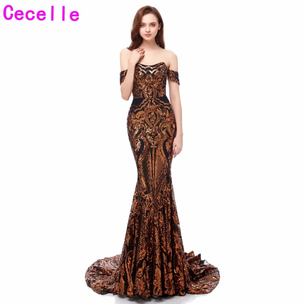 Лидер продаж темно золотые блёстки Русалка Вечерние платья 2019 Off the ShoulderAfrican