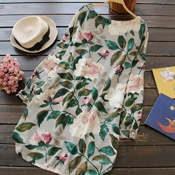 Женское льняное платье с длинным рукавом свободное элегантное цветочным принтом