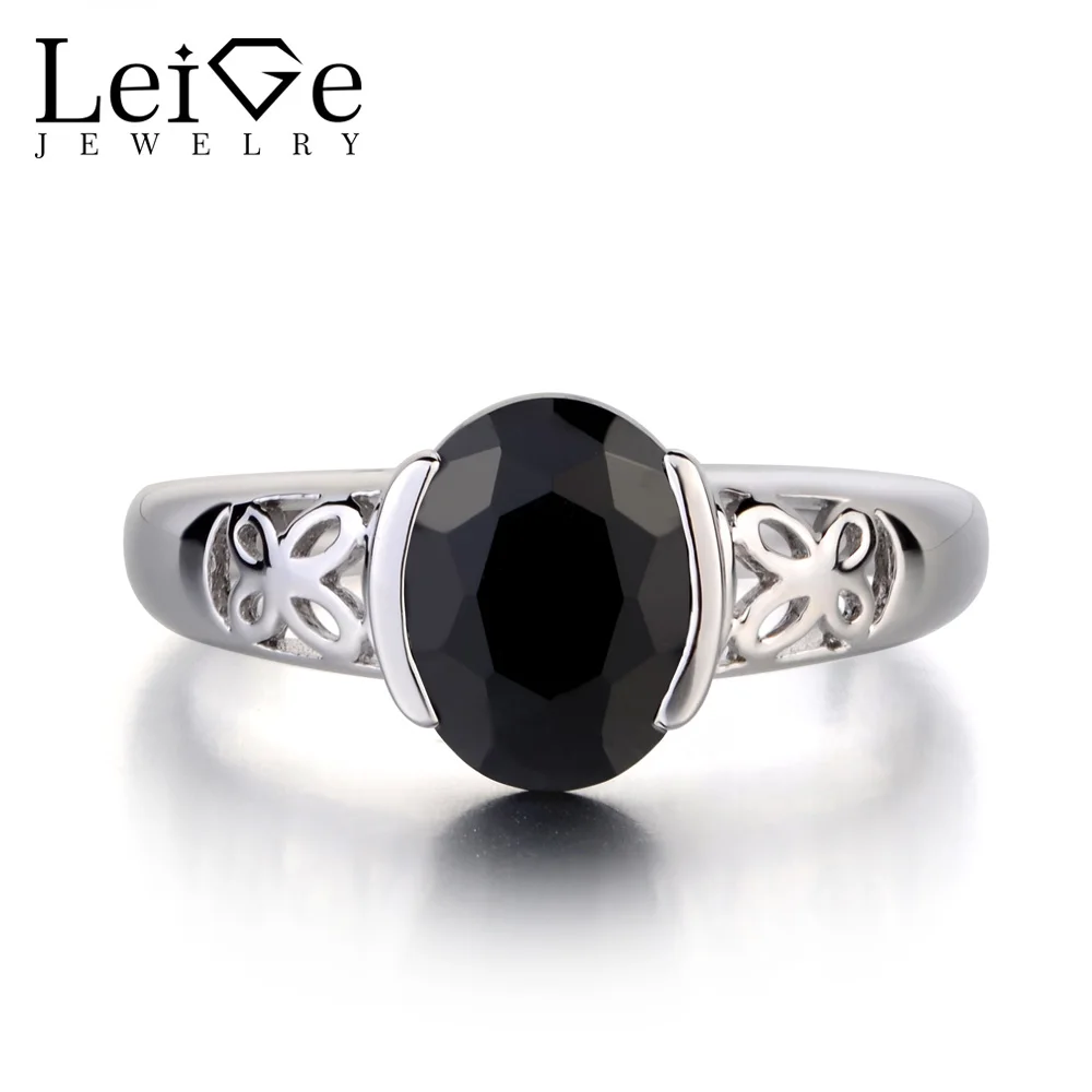 

Leige Jewelry Solid 925 Sterling Silver Ring Natural Black Spinel Gemstone Oval Cut Engagement Cocktail Party Rings for Women