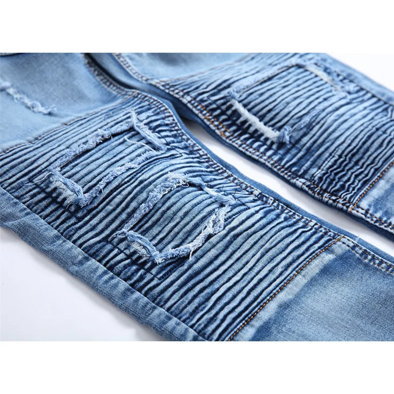 European New Mens Skinny High Jeans Slim Fold Men Brand Designer Denim Pants Super Luxury Light Blue Locomotive Male | Мужская одежда