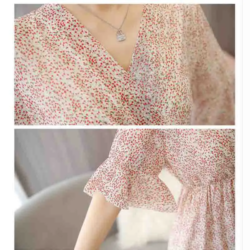 2019 Новый Для женщин шифоновое платье Винтаж Лето v-образным вырезом Flare рукавом